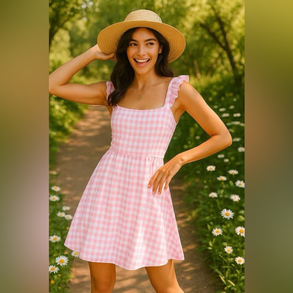 Lovely Melody Pink and White Tiered Gingham Midi Sundress
Size medium